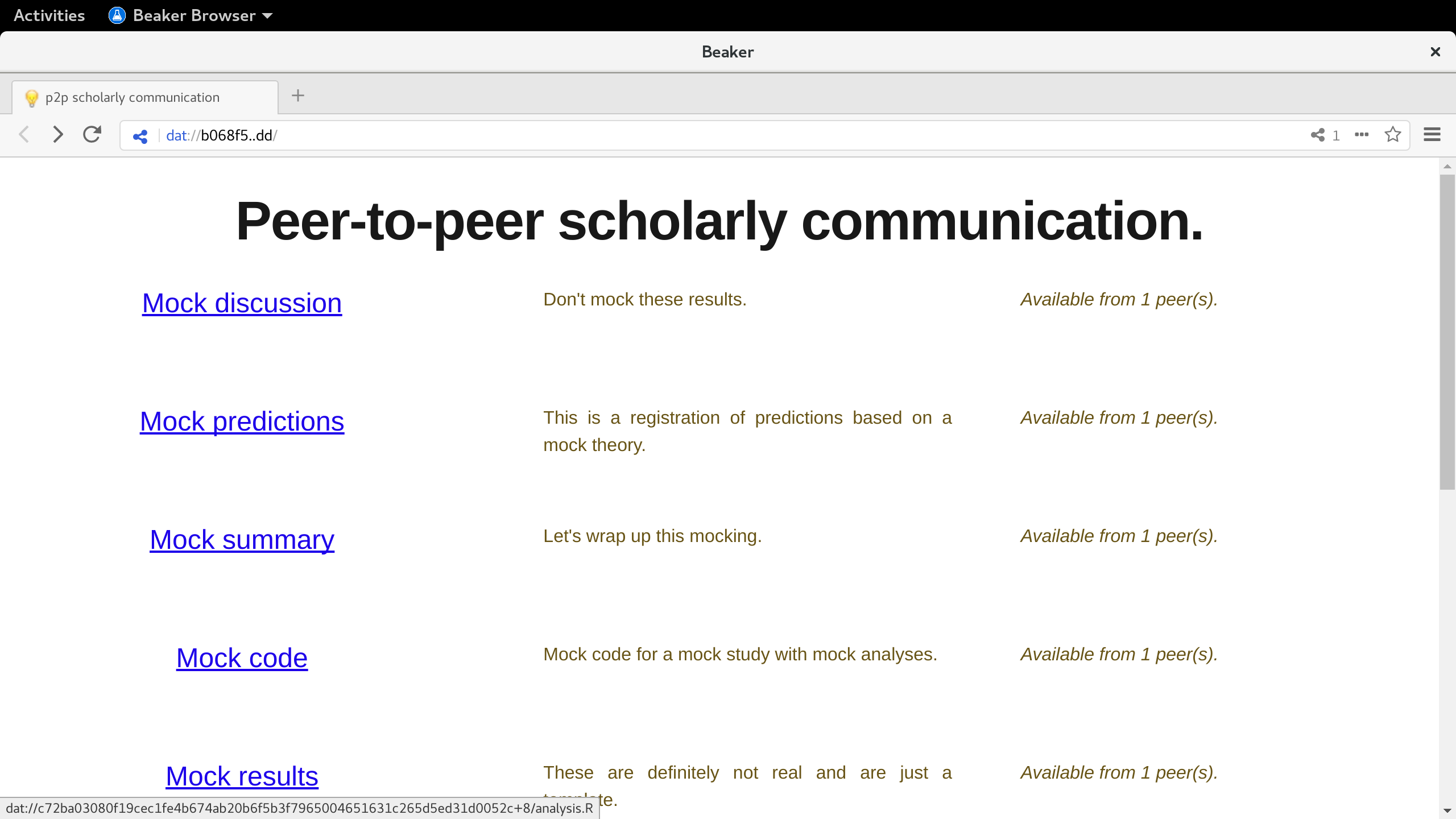 Screencap of the minimal prototype of decentralized scholarly communication. The prototype resembles a regular webpage on the userside, but on the backend it runs entirely on Dat filesystems that live on a decentralized network.