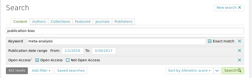 Screenshot of the search criteria used to search ScienceOpen.
